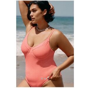Good American Sparkle Demi-Cup One-Piece Swimsuit Coral Pink Metallic Size 4